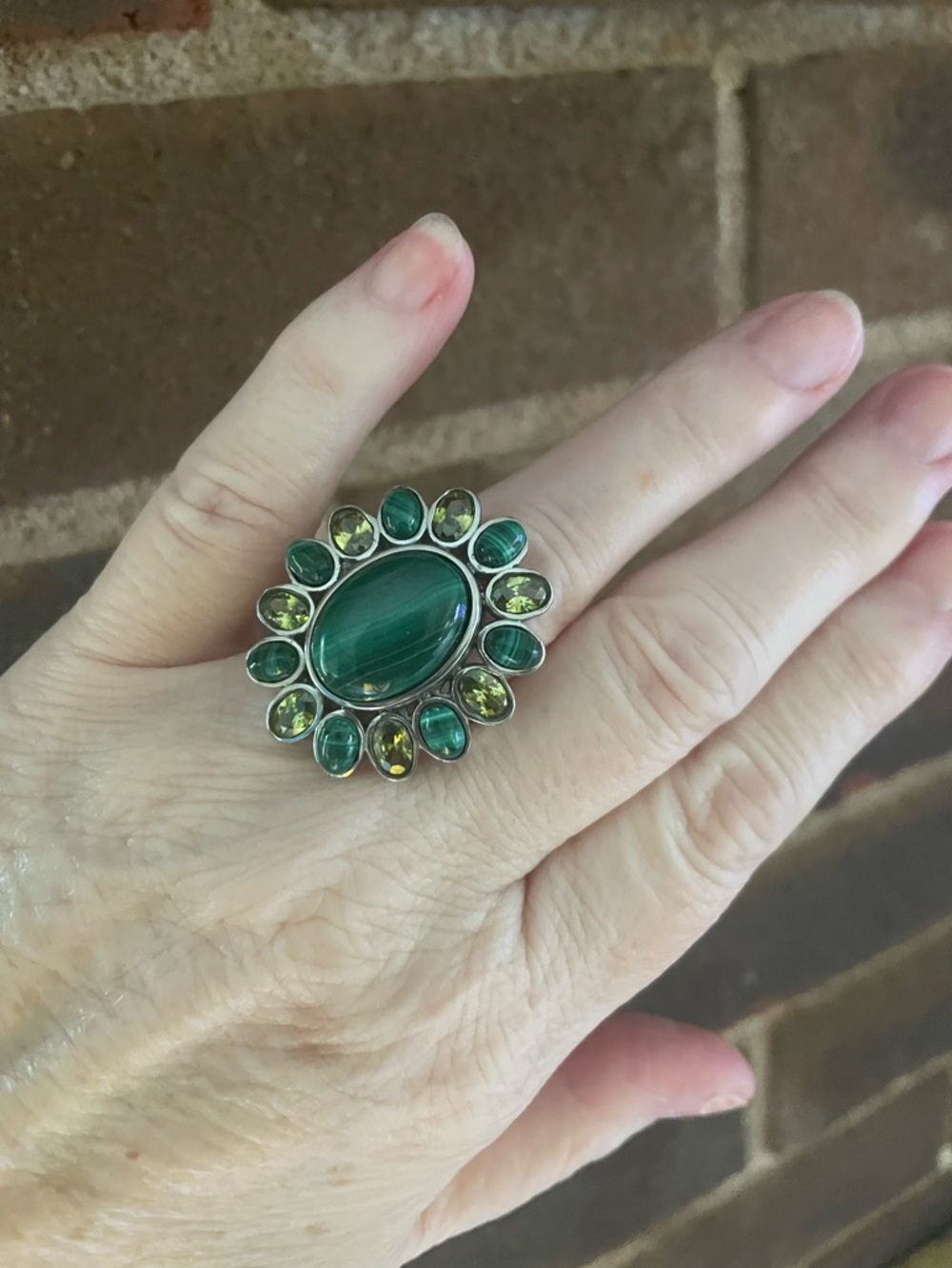 Malachite & Imitation Peridot  Stainless Steel Ring